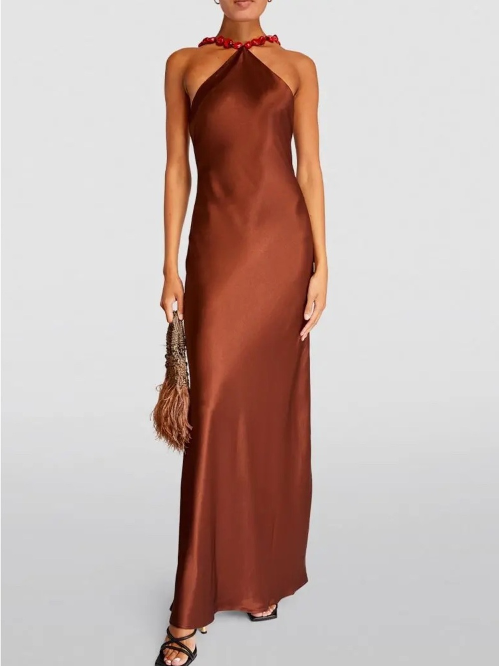 STAUD Cadence Halter Satin Maxi Dress Chocolate Brown Size 2